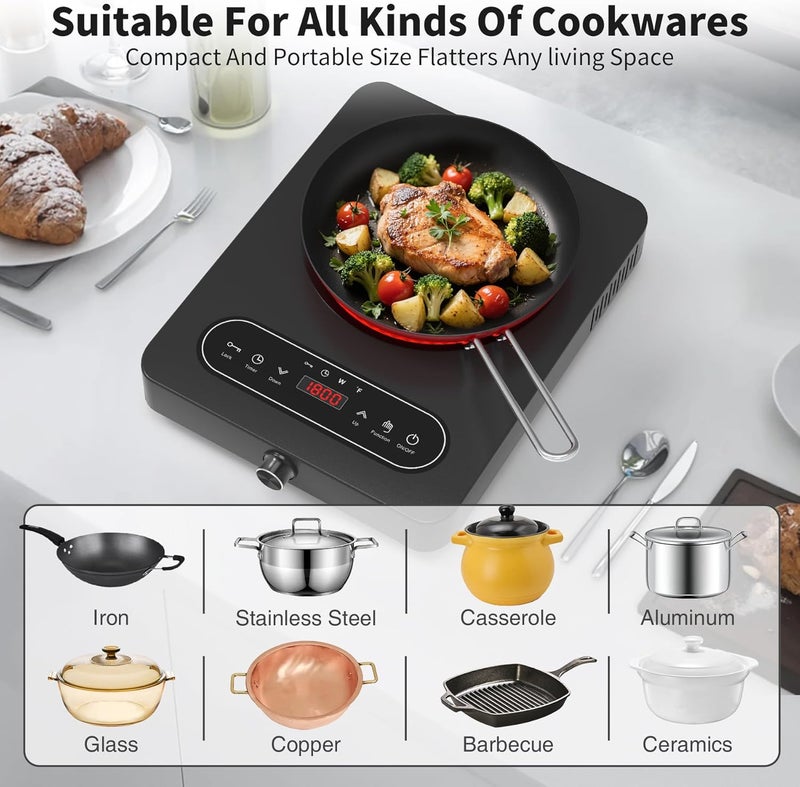 Bgk Single Burner Electric Cooktop, 110V 1800W Electric Cooktop with LED Touch Controls and Knob Controls, 10 Power Levels, 4-Hour Timer, Safety Lock, Single Burner Overheat Protection - Image 4